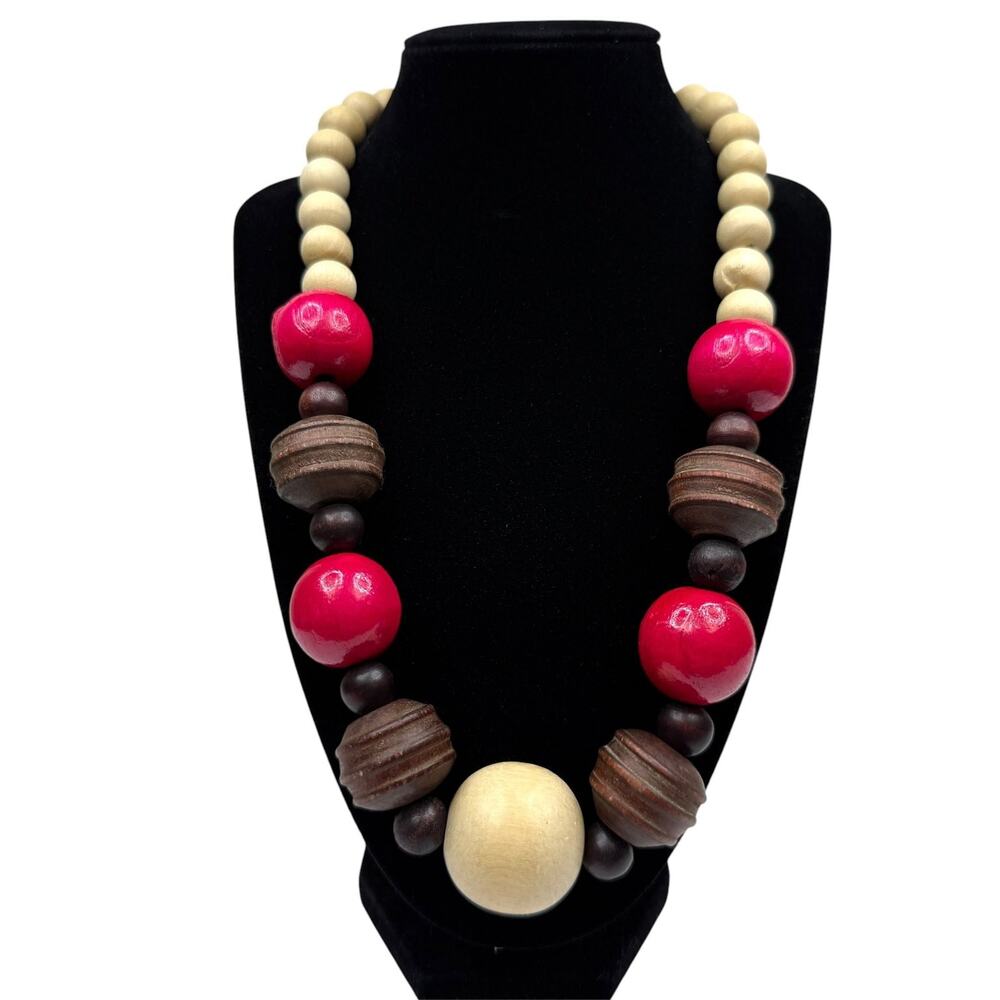 Chunky Wooden Bead Necklace Statement Fuchsia Red Brown Beige Bohemian Style 22"